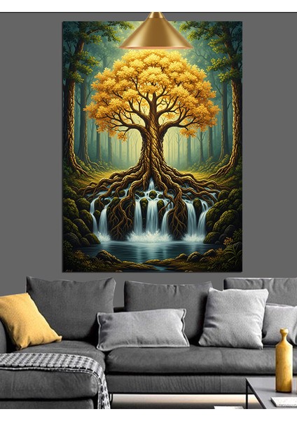 Hayat Ağacı Şelale ve Orman Dekoratif Kanvas - Mdf Ahşap Tablo