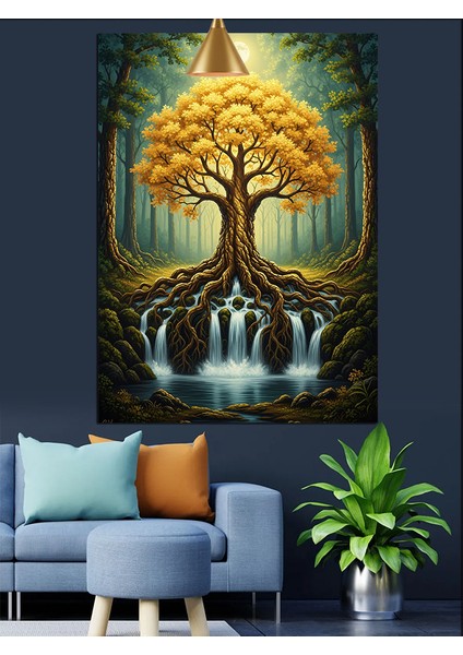 Hayat Ağacı Şelale ve Orman Dekoratif Kanvas - Mdf Ahşap Tablo fırsatları