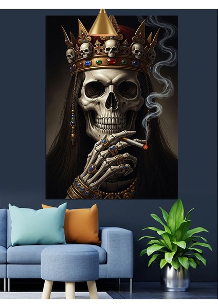 Taç ve Mücevher Takmış Sigara Içen Iskelet Dekoratif Kanvas - Mdf Ahşap Tablo