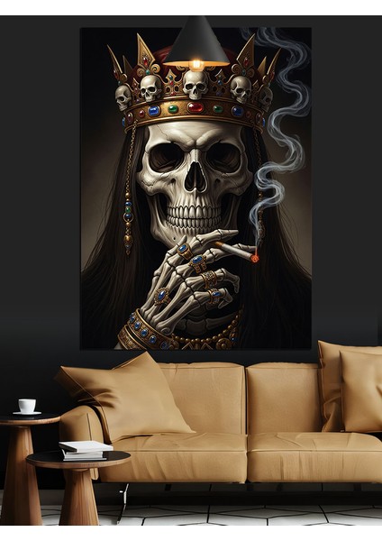 Taç ve Mücevher Takmış Sigara Içen Iskelet Dekoratif Kanvas - Mdf Ahşap Tablo fiyatları