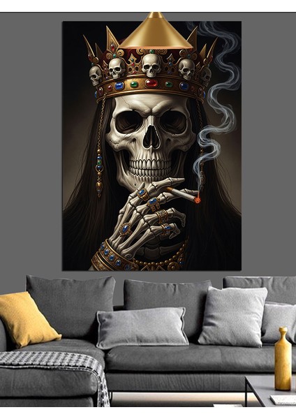 Taç ve Mücevher Takmış Sigara Içen Iskelet Dekoratif Kanvas - Mdf Ahşap Tablo modelleri