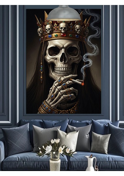 Taç ve Mücevher Takmış Sigara Içen Iskelet Dekoratif Kanvas - Mdf Ahşap Tablo fırsatları