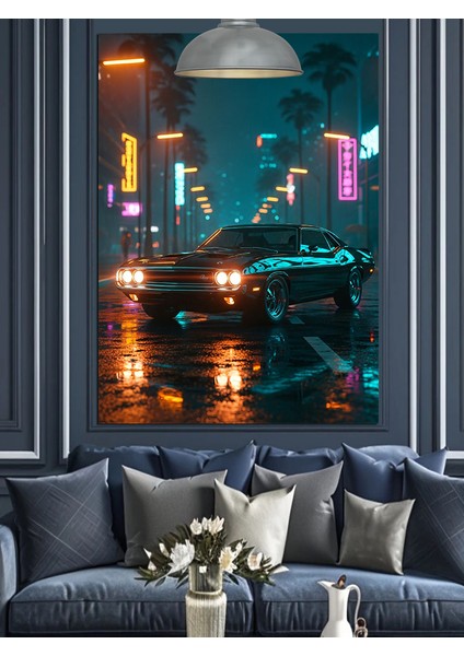 Gece Şehir Işıkları ve Spor Araba Dekoratif Kanvas - Mdf Ahşap Tablo