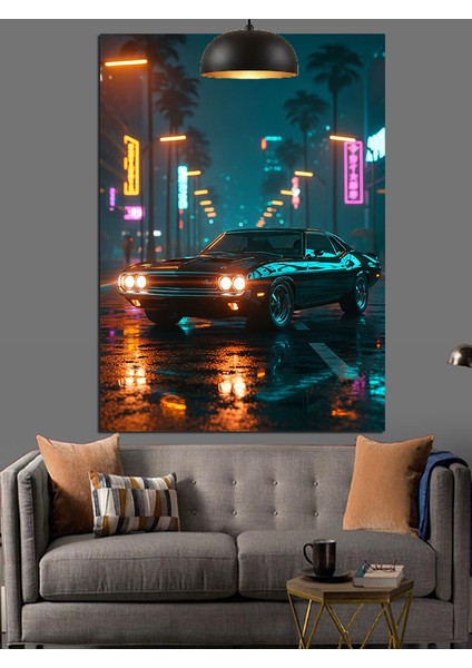 Gece Şehir Işıkları ve Spor Araba Dekoratif Kanvas - Mdf Ahşap Tablo fiyatları