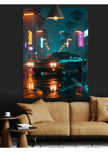 Gece Şehir Işıkları ve Spor Araba Dekoratif Kanvas - Mdf Ahşap Tablo fırsatları