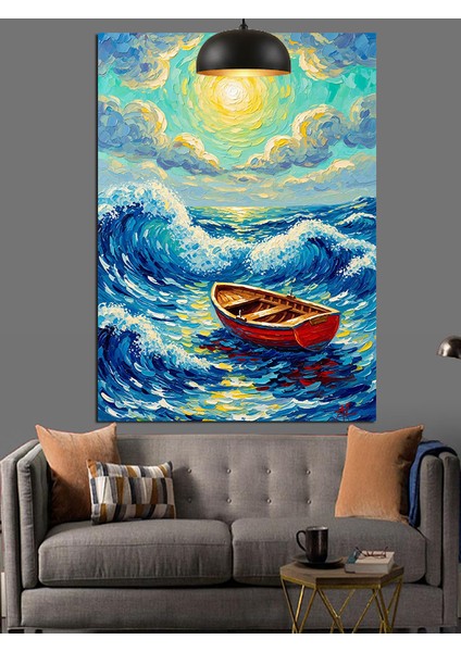 Mavi Okyanus Dalgalarında Boş Tekne Sanat Dekoratif Kanvas - Mdf Ahşap Tablo