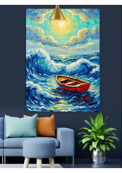 Mavi Okyanus Dalgalarında Boş Tekne Sanat Dekoratif Kanvas - Mdf Ahşap Tablo fiyatları