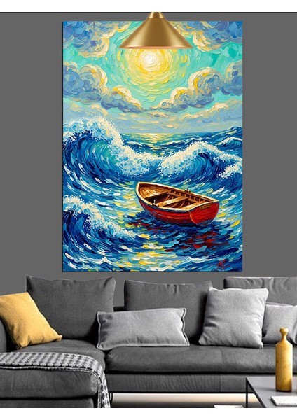 Mavi Okyanus Dalgalarında Boş Tekne Sanat Dekoratif Kanvas - Mdf Ahşap Tablo fırsatları
