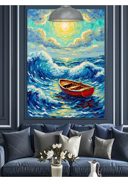 Mavi Okyanus Dalgalarında Boş Tekne Sanat Dekoratif Kanvas - Mdf Ahşap Tablo indirimleri