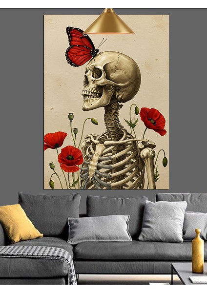 Kırmızı Gelincik ve Kelebekli Iskelet Dekoratif Kanvas - Mdf Ahşap Tablo