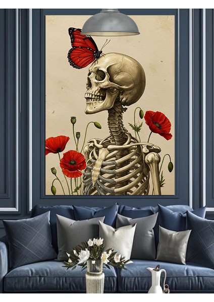 Kırmızı Gelincik ve Kelebekli Iskelet Dekoratif Kanvas - Mdf Ahşap Tablo fiyatları