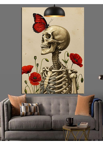 Kırmızı Gelincik ve Kelebekli Iskelet Dekoratif Kanvas - Mdf Ahşap Tablo modelleri