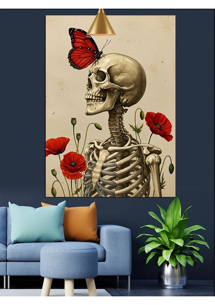 Kırmızı Gelincik ve Kelebekli Iskelet Dekoratif Kanvas - Mdf Ahşap Tablo fırsatları