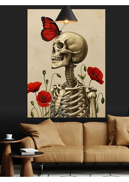 Kırmızı Gelincik ve Kelebekli Iskelet Dekoratif Kanvas - Mdf Ahşap Tablo indirimleri