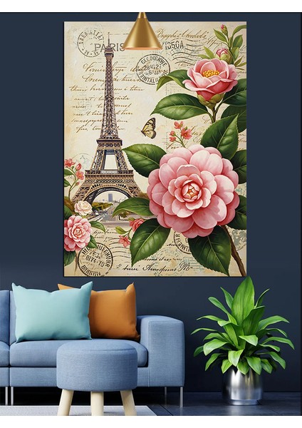 Paris Gül Çiçek Eyfel Mektup Dekoratif Kanvas - Mdf Ahşap Tablo
