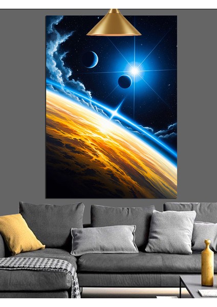 Dünya Gece Mavi Işık Uzay Dekoratif Kanvas - Mdf Ahşap Tablo