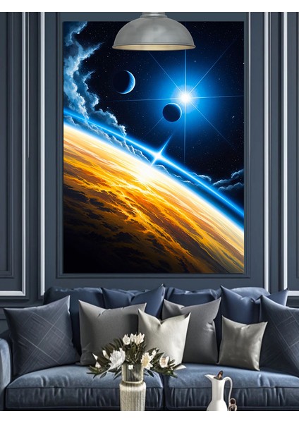 Dünya Gece Mavi Işık Uzay Dekoratif Kanvas - Mdf Ahşap Tablo fiyatları