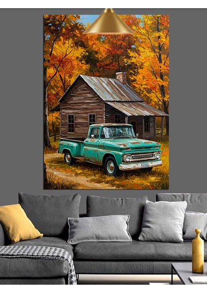 Kırsalda Antika Araba ve Sonbahar Dekoratif Kanvas - Mdf Ahşap Tablo