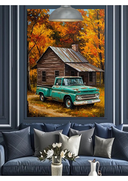 Kırsalda Antika Araba ve Sonbahar Dekoratif Kanvas - Mdf Ahşap Tablo fiyatları