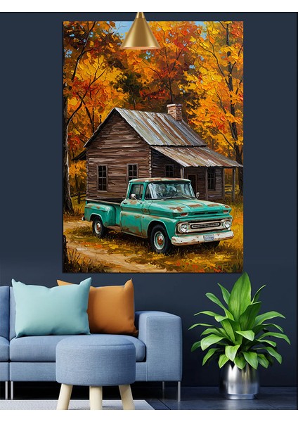 Kırsalda Antika Araba ve Sonbahar Dekoratif Kanvas - Mdf Ahşap Tablo fırsatları