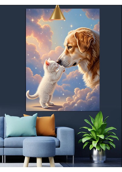 Öpüşen Köpek ve Kedi Sevimli An Dekoratif Kanvas - Mdf Ahşap Tablo