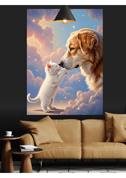 Öpüşen Köpek ve Kedi Sevimli An Dekoratif Kanvas - Mdf Ahşap Tablo fiyatları