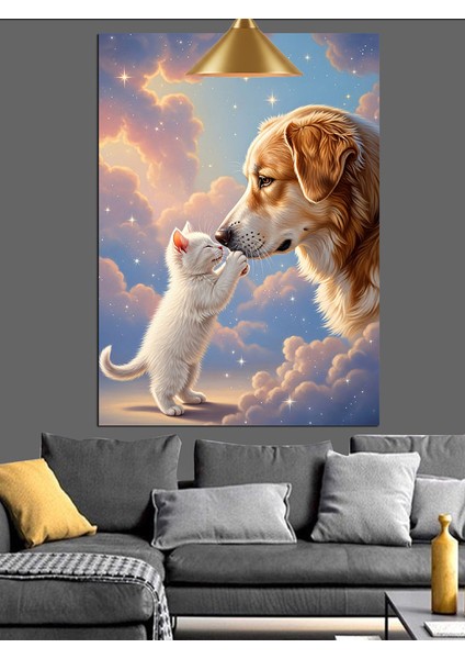 Öpüşen Köpek ve Kedi Sevimli An Dekoratif Kanvas - Mdf Ahşap Tablo modelleri