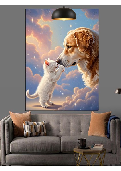 Öpüşen Köpek ve Kedi Sevimli An Dekoratif Kanvas - Mdf Ahşap Tablo indirimleri