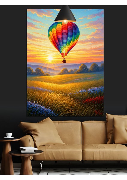 Havagazı Balonlu Kırsal Manzara Günbatımı Dekoratif Kanvas - Mdf Ahşap Tablo