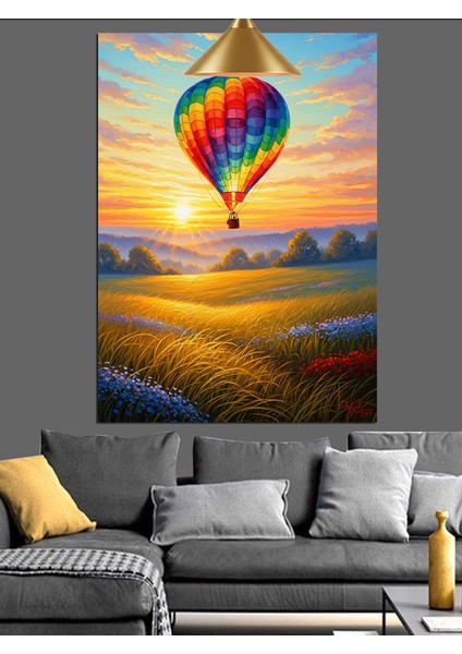 Havagazı Balonlu Kırsal Manzara Günbatımı Dekoratif Kanvas - Mdf Ahşap Tablo fiyatları