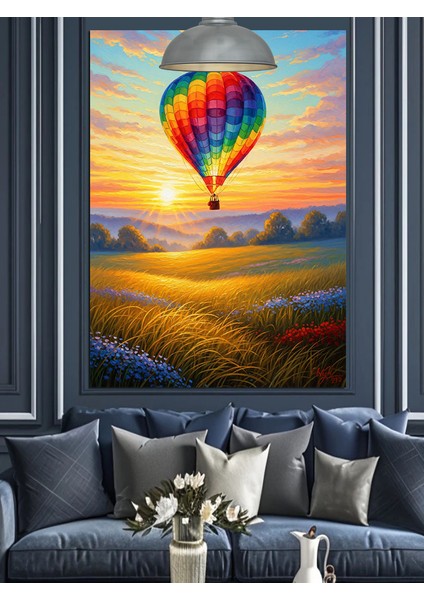 Havagazı Balonlu Kırsal Manzara Günbatımı Dekoratif Kanvas - Mdf Ahşap Tablo modelleri