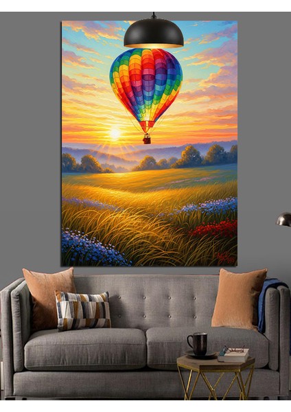 Havagazı Balonlu Kırsal Manzara Günbatımı Dekoratif Kanvas - Mdf Ahşap Tablo fırsatları