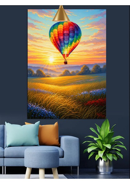 Havagazı Balonlu Kırsal Manzara Günbatımı Dekoratif Kanvas - Mdf Ahşap Tablo indirimleri