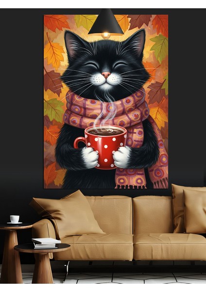 Atkı Takmış Kedi Sıcak Kahve Içiyor Dekoratif Kanvas - Mdf Ahşap Tablo
