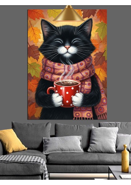 Atkı Takmış Kedi Sıcak Kahve Içiyor Dekoratif Kanvas - Mdf Ahşap Tablo fiyatları