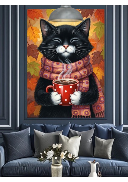 Atkı Takmış Kedi Sıcak Kahve Içiyor Dekoratif Kanvas - Mdf Ahşap Tablo modelleri