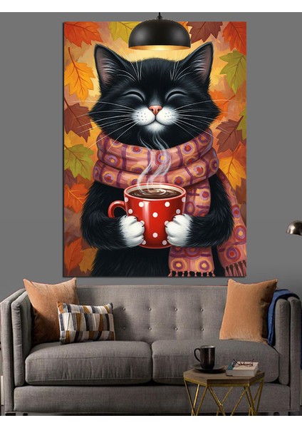 Atkı Takmış Kedi Sıcak Kahve Içiyor Dekoratif Kanvas - Mdf Ahşap Tablo fırsatları