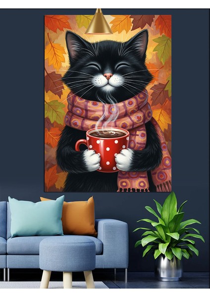 Atkı Takmış Kedi Sıcak Kahve Içiyor Dekoratif Kanvas - Mdf Ahşap Tablo indirimleri