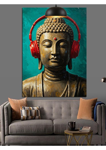 Kırmızı Kulaklıklı Buda Büstü Dekoratif Kanvas - Mdf Ahşap Tablo