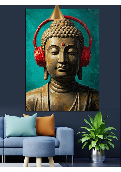 Kırmızı Kulaklıklı Buda Büstü Dekoratif Kanvas - Mdf Ahşap Tablo fiyatları