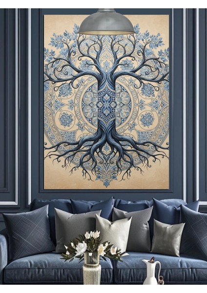 Hayat Ağacı Kökler Mavi Dekoratif Kanvas - Mdf Ahşap Tablo