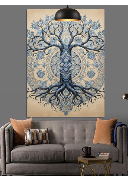 Hayat Ağacı Kökler Mavi Dekoratif Kanvas - Mdf Ahşap Tablo fiyatları