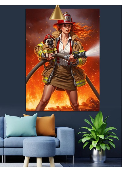 Itfaiyeci Kız ve Köpek Yangın Söndürüyor Dekoratif Kanvas - Mdf Ahşap Tablo