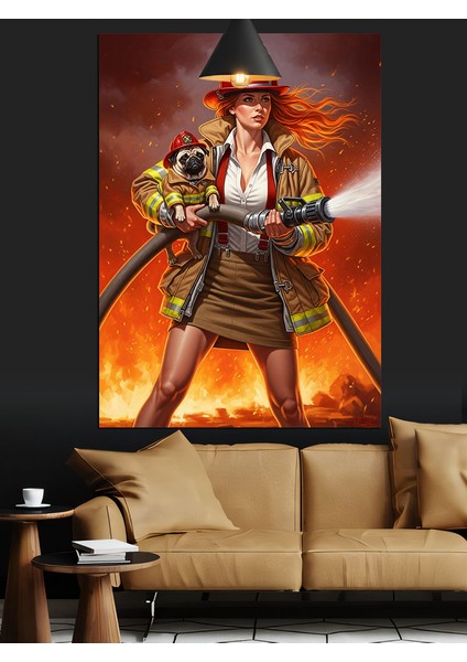 Itfaiyeci Kız ve Köpek Yangın Söndürüyor Dekoratif Kanvas - Mdf Ahşap Tablo fiyatları