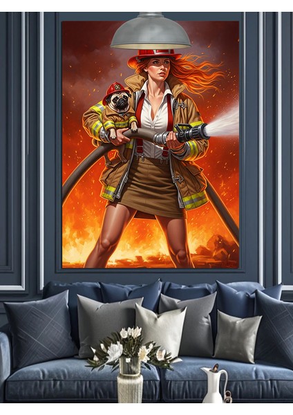 Itfaiyeci Kız ve Köpek Yangın Söndürüyor Dekoratif Kanvas - Mdf Ahşap Tablo fırsatları