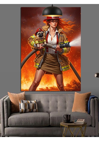 Itfaiyeci Kız ve Köpek Yangın Söndürüyor Dekoratif Kanvas - Mdf Ahşap Tablo indirimleri