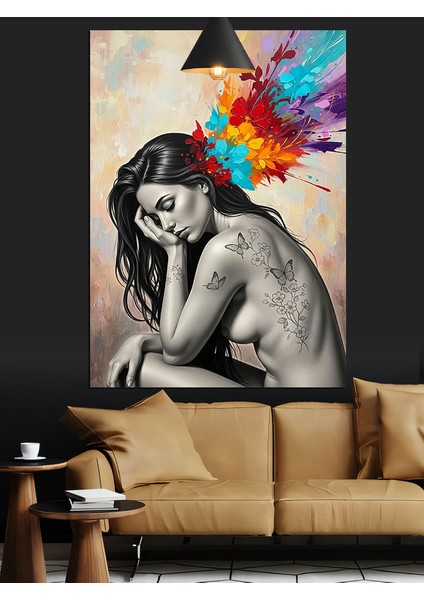 Çıplak Kadın ve Renkler Dekoratif Kanvas - Mdf Ahşap Tablo