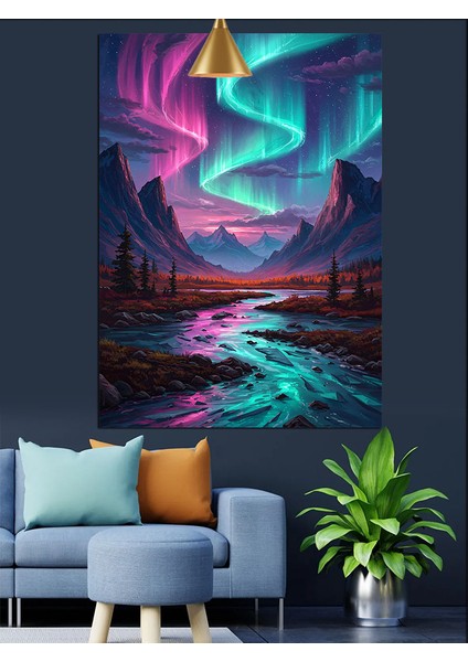 Kuzey Işıkları Aurora Mistik Gökyüzü Dekoratif Kanvas - Mdf Ahşap Tablo