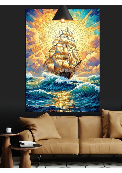 Okyanus Dalgalarında Ilerleyen Yelkenli Gemi,renkli ve Mozaik Desenli Dekoratif Kanvas - Mdf Ahşap Tablo