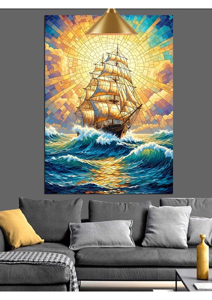 Okyanus Dalgalarında Ilerleyen Yelkenli Gemi,renkli ve Mozaik Desenli Dekoratif Kanvas - Mdf Ahşap Tablo fiyatları